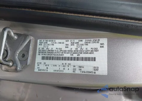 2016 Ford Escape Se из США, поврежденный, VIN 1FMCU9GX7GUA30491